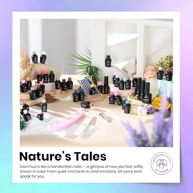Beetles Gel Nail Polish Set - 36 Colors Nature's Tales Nail Colors Kit with Glossy & Glitter Top Coat, Soak Off UV LED Nail Gel Kit, Long Lasting Nail Art for DIY Home Salon Manicure Gift for Women