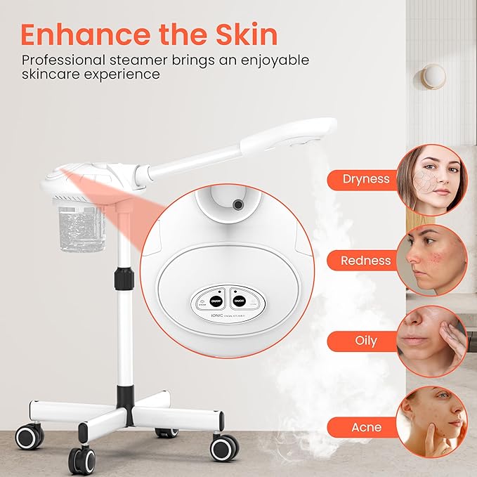 TASALON Professional Facial Steamer with Ozone, Vapor ozono Facial Steamer Professional for Clean Skin, Firm Pores, Esthetician Steamer for Home or Salon Use, Adjustable Height and Angle,White