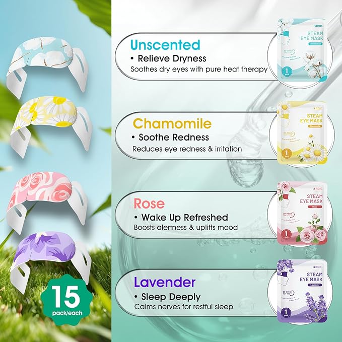AROIC 60 Pack Steam Eye Masks Disposable for Dry Eyes, Heated Eye Mask Warm Compress for Eyes, Relaxation Gifts, Travel Essentials - Lavender, Unscented, Chamomile, Rose