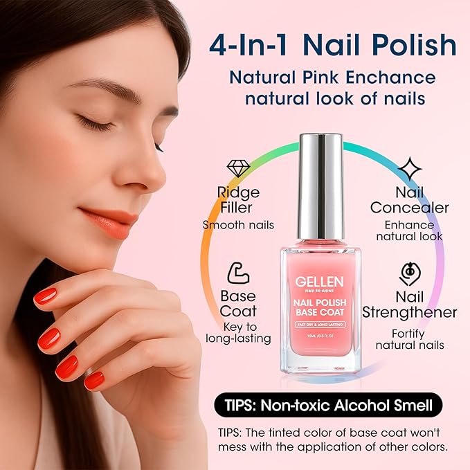 GELLEN Clear Nail Polish Base Coat Sheer Tinted Pink, Natural Color Regular Nail Polish, Calcium Formula Strengthens Nails, Enhances Natural Look, Quick Air Dry, Hema Free, Non-toxic, Anti-yellowing