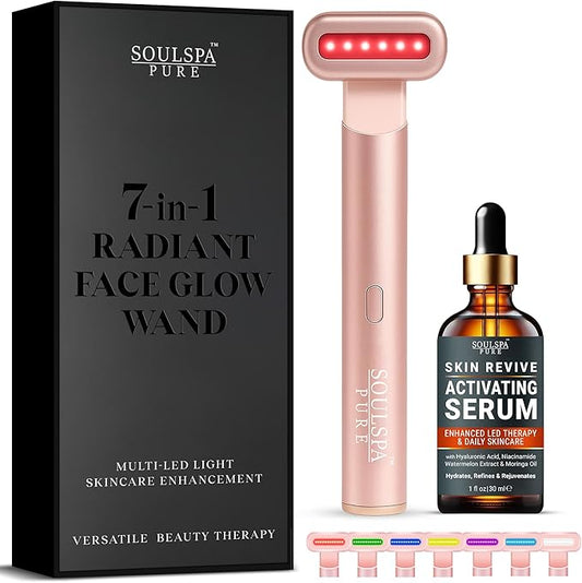Face Massager 7 in 1 LED Red Light Wand for Face, Neck & Eye – Rose Gold with Activating Serum | Portable Skincare Device Rechargeable Beauty Tool