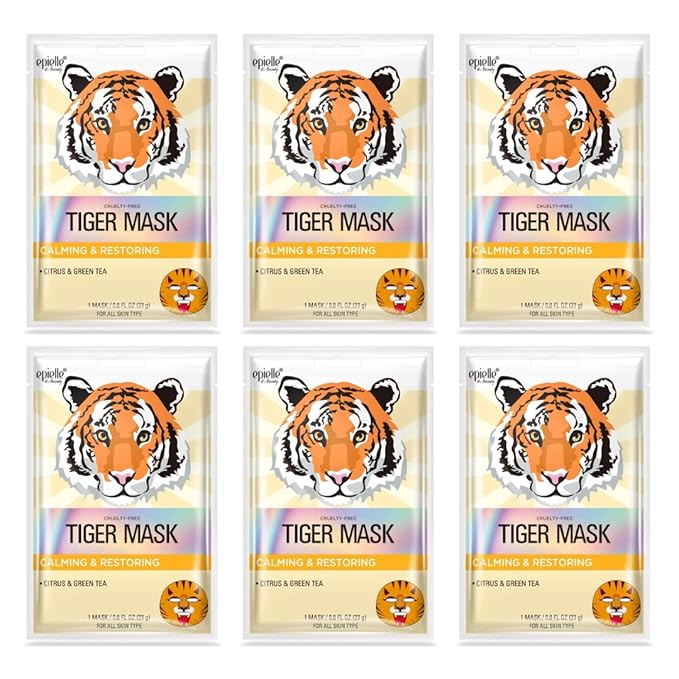 Epielle Character Face Mask Tiger 6 Pack, Fun & Effective Korean Skin Care, Spa Party Favors, Stocking Stuffers, Birthday Gifts for Women, Thanksgiving Essentials