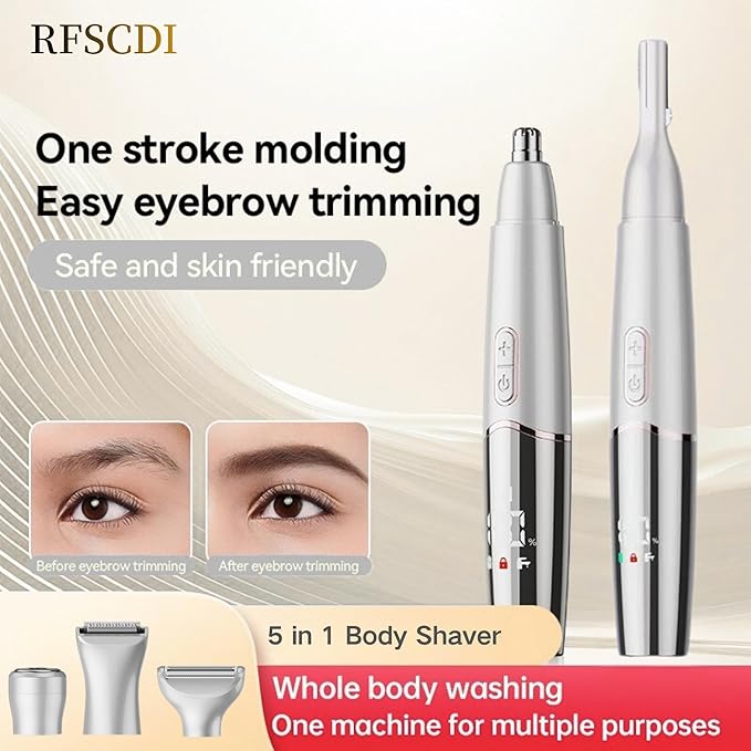 5-in-1 Rechargeable Nose & Ear Hair Trimmer - IPX7 Waterproof Dual Edge Grooming Kit for Men & Women, Perfect for Hair Removal of Nose, Eyebrows, Beard, Bikini, and Facial Hair (White)