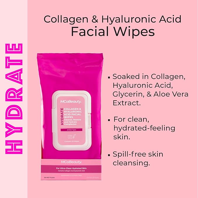 MCoBeauty - Hydrate Collagen & Hyaluronic Acid Facial Wipes - Moisturising Makeup Remover & Skin Refreshing Wipes - Pack of 25 - Vegan, Cruelty Free Skincare