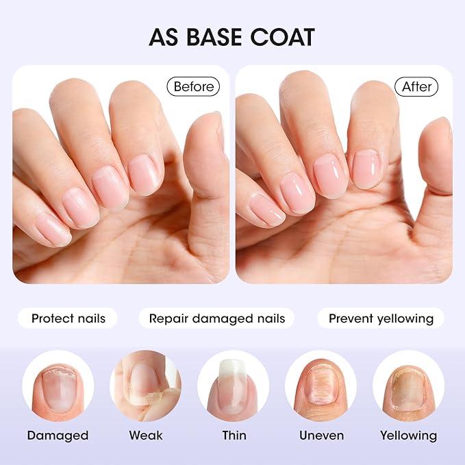 GELLEN 3-In-1 Clear Nail Polish Base Top Coat, Nail Strengthener Growth, Breathable Nail Polish, Treatment For Damaged Dry Nails, Keratin & Vit E, Air Dry, Hema Free, Non-toxic, Anti-yellowing