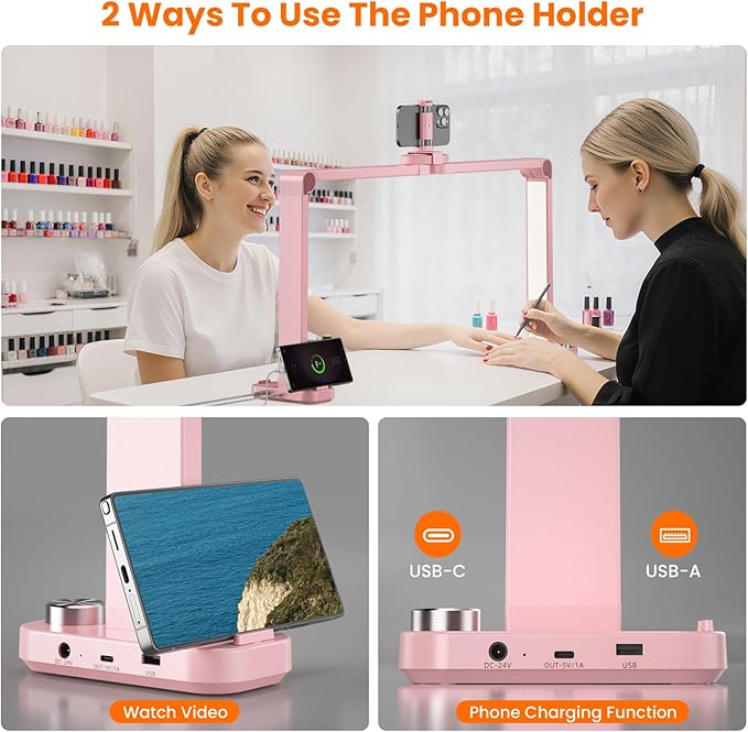 Nail Light for Desk,34 Inch 48W Half Moon Light-Adjustable 3000K-6000K Color Temp, 0-100% Brightness,Nails lamp with Phone Stand,for Nails Art,Tattoo,Eyebrow,Beauty,Reading,Salon