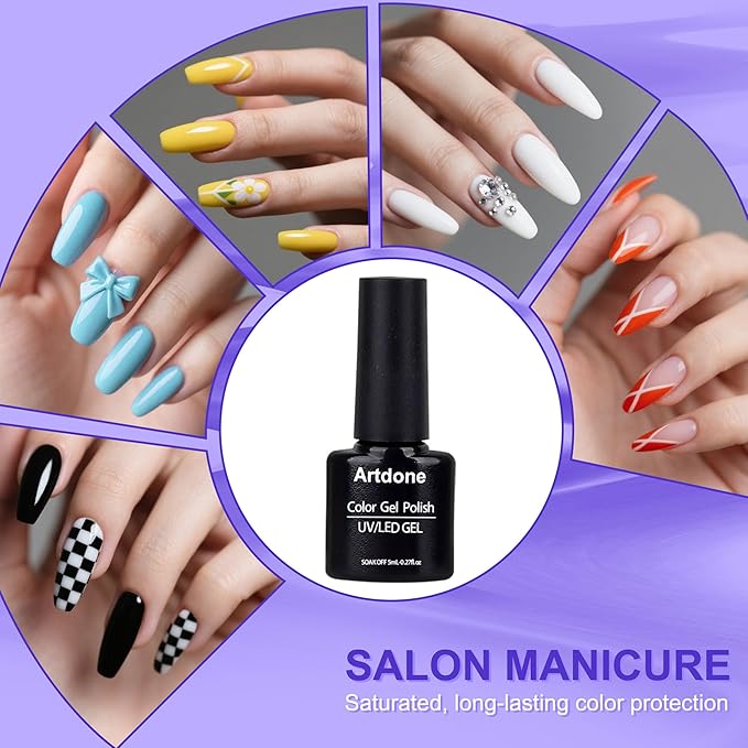 Artdone Gel Nail Polish Set Solid UV Gel 16 Bottles Set Include Top & Matte Top Coat and Base Coat White Pink Yellow Blue Red Colors For All Seasons Neutral Soak Off Manicure Kit For Nail Art