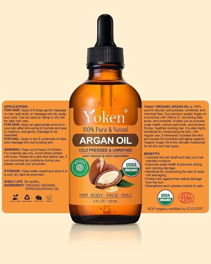 Organic Argan Oil for Hair 4 Fl Oz, USDA Pure and Natural Morocco Argan Oil, Argon Oil For Hair, Scalp, Face & Skin Care, 100% Cold Pressed Hair Conditioner, Unrefined Argon Nails Carrier Oil