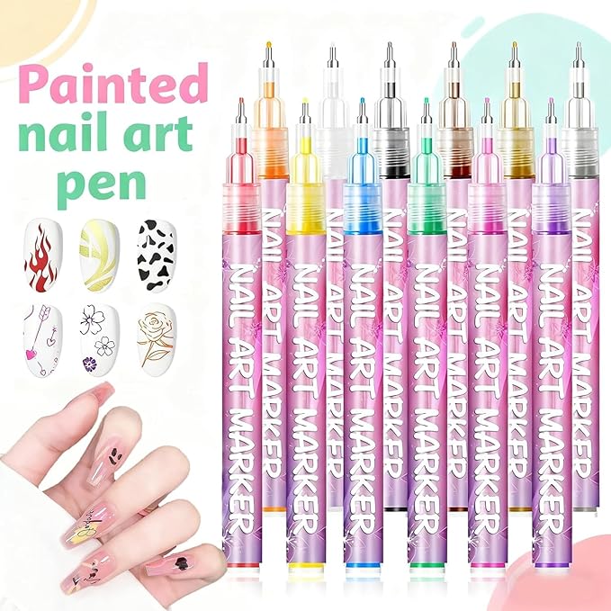 12 Colors Nail Art Pens Set, Nail Art Markers Polish Pen for 3D Nail Art, Drawing Painting Liner Brush for DIY Nail Art Beauty Adorn Manicure Tools (12 colors)