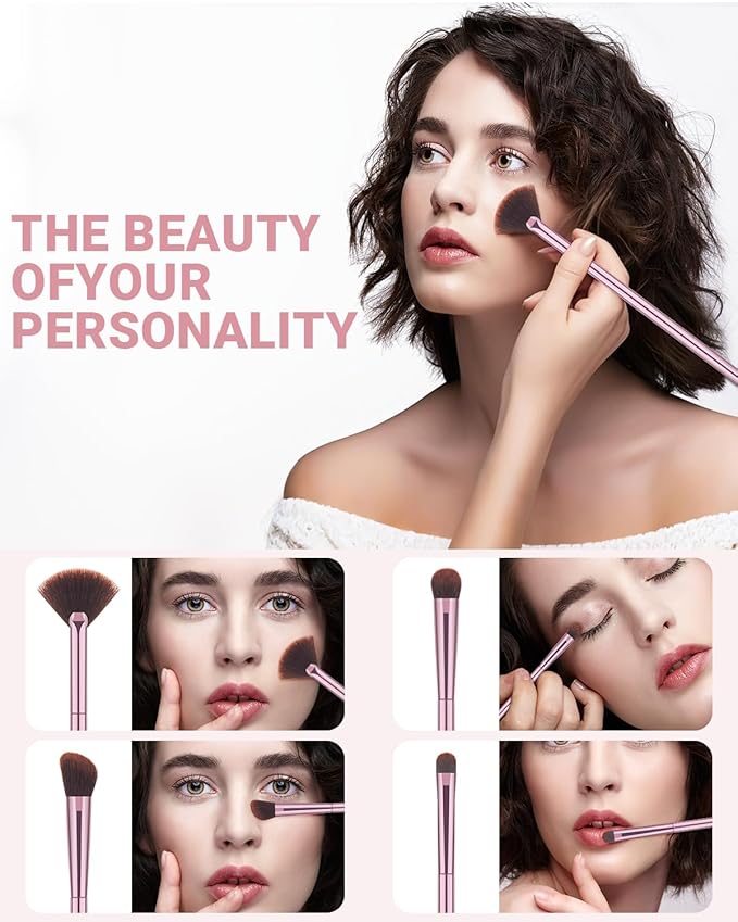 8Pcs Makeup Brushes Set Premium Eyeshadow Brush Professional Angled Eyebrow Brush Lip Brush Eyeshadow Brush Set With 3Pcs Powder Puffs and Pink Case 12 in 1