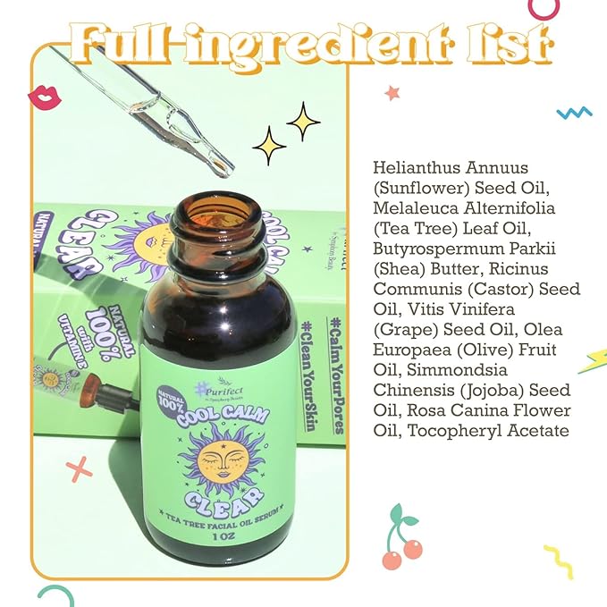 Purifect Cool Calm Clear Tea Tree Oil Redness Relief Face Serum – Removes Blemishes, Acne Scars and Soothes Dry, Itchy, Sensitive Skin – Made in USA with Vitamin E, Shea butter, Jojoba & for Face