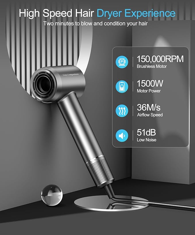 Hair Dryer - Negative Ionic Blow Dryer with 150000 RPM High Speed Brushless Motor for Fast Drying, Low Noise, HD Display Hair Dryer with Diffuser and Nozzle, 5 Temps & 2 Speeds