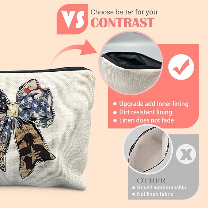 Retro American Flag Bow Makeup Bag for Women, Patriots Gifts for Women, Coquette Girly Patriotic Cosmetic Bag for Purse, American Flag Gifts Makeup Zipper Pouch
