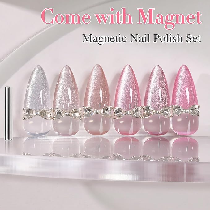 Double Rhythm Cat Eye Gel Nail Polish Set of 6 Same Color Same Bottle 0.5 Oz Shimmer Glitter with Magnet Holographic Reflective Magnetic UV Nail Polish Kit at Home (Silver Nude Pink-T6-42)