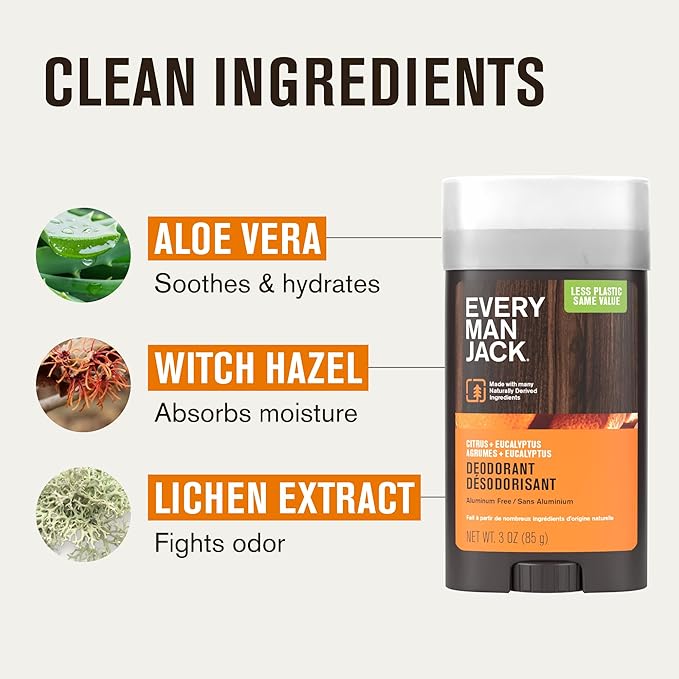 Every Man Jack Citrus + Eucalyptus Men’s Deodorant - Stay Fresh with Aluminum Free Deodorant For all Skin Types - Odor Crushing, Long Lasting, with Naturally Derived Ingredients - 3oz (2 Pack)