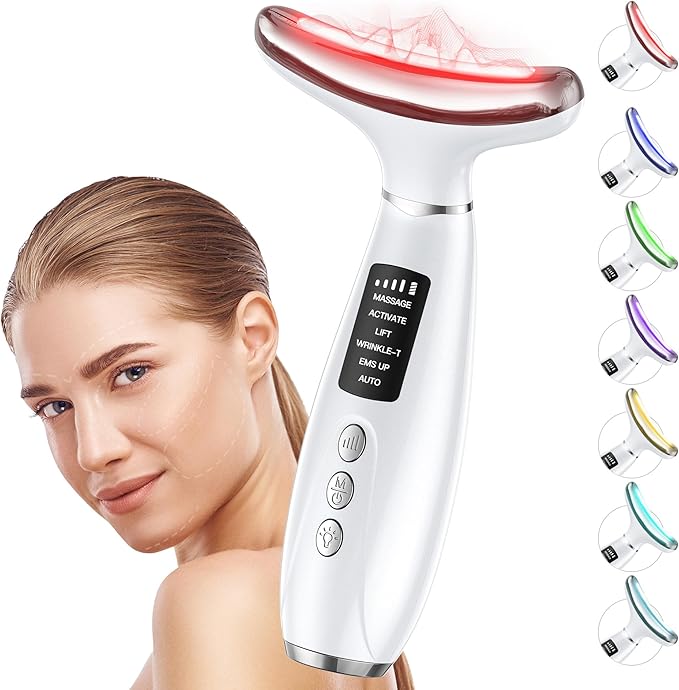 Red Light Therapy for Face & Neck, Face Massager Tool for Anti-Aging, Skin Facial Sculptor, 7-Color LED Phototherapy Device with Lifting, Heat & Vibration, Firming, Rechargeable Beauty Tool