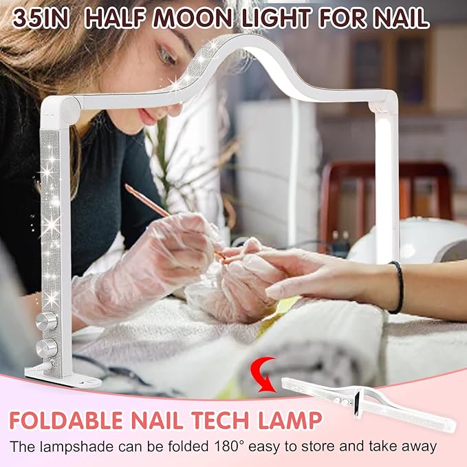 Half Moon Nail Desk Light, 35inch Foldable LED Nail Tech Lamp for Desk, 3 Color Adjustable 3000K-6000K Dimmable Manicure Table Lamp, 45W Large Nail Light with Phone Holder for Beauty, Lash (Pink)