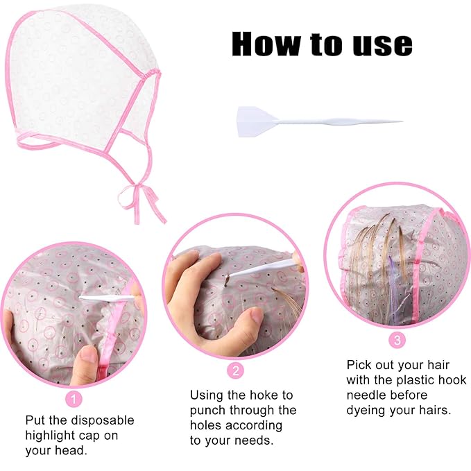 6 Pieces Highlighting Cap Hair Frosting Cap Highlight for Dye Color Bleach with Plastic Hooks Hair Coloring Salon Hairdressing Tool Kit Supplies(Pink)