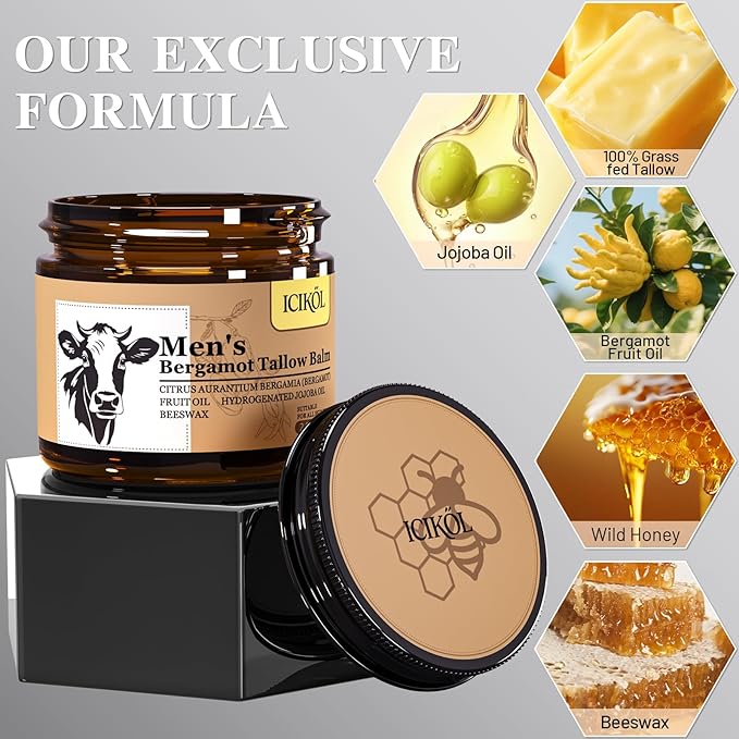 Organic Beef Tallow Honey Balm, Handmade Moisturizer Beef Tallow for Face, Grass Fed Beef Tallow for Dry Skin, Pure Natural Cream with Bergamot Scent,Designed for Men After Shave, 2.1oz