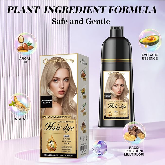 Natural Hair Dye Shampoo 3 IN 1, Gray Hair Coverage, Vegan, Ammonia-Free & Paraben-Free Hair Coloring Shampoo for Women & Men, Beard Dye for Men, Nourishing Gentle (CHAMPAGNE BLONDE)