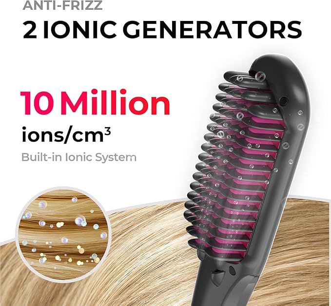 TYMO Ionic Hair Straightener Brush - One-Step Hair Straightener for Women, Straightening Brush with Negative Ions, 16 Temp Settings, LCD Display, Dual Voltage, Hot Comb Flat Iron for Frizz-Free Styles