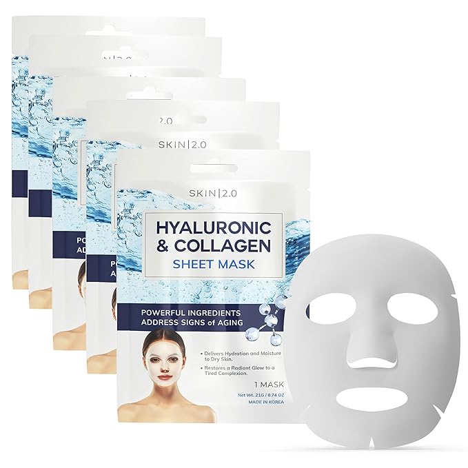 Hyaluronic Acid & Collagen Sheet Mask - Hydrating, Anti-Aging, Firming - Dermatologist Tested Korean Skincare - Clean Beauty, Natural Ingredients, Cruelty-Free, All Skin Types - Pack of 5