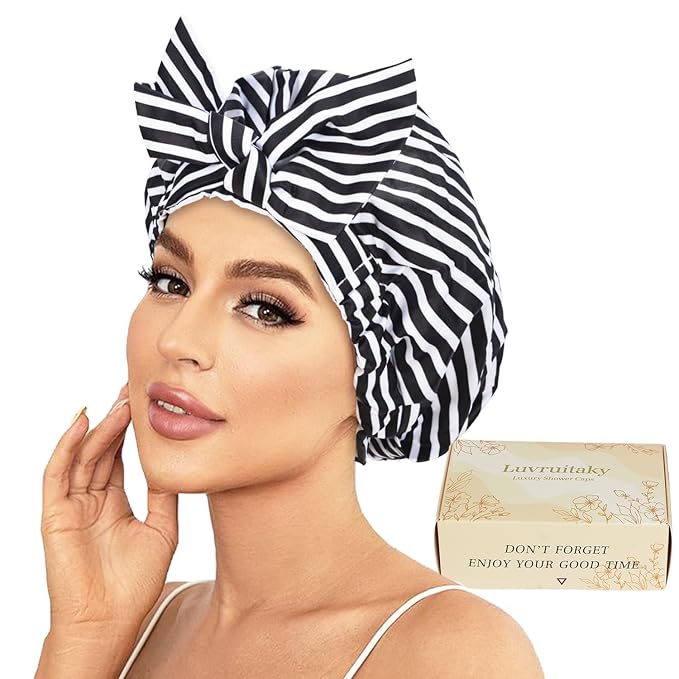 Shower Cap Luxury Shower Caps for Women Reusable Waterproof Hair Cap for Shower with Adjustable Bowknot Hair Bath Cap (Black Stripe)