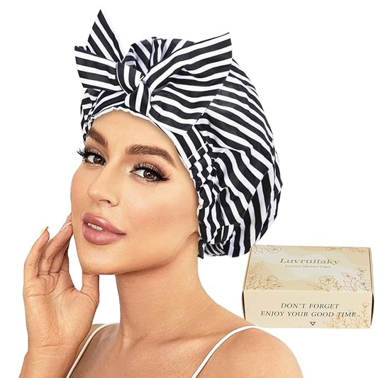 Shower Cap Luxury Shower Caps for Women Reusable Waterproof Hair Cap for Shower with Adjustable Bowknot Hair Bath Cap (Black Stripe)