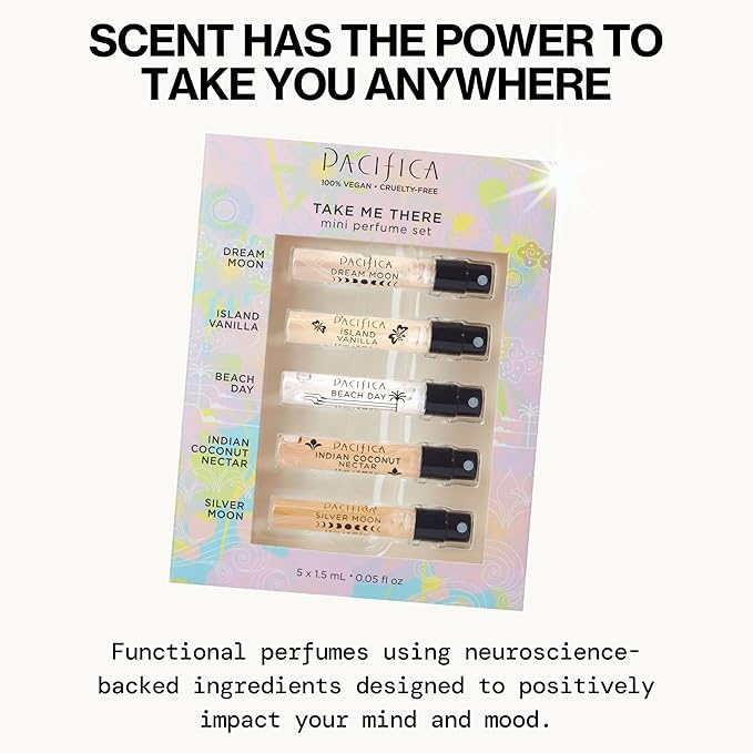 Pacifica Beauty, Take Me There Spray Perfume Trial Set, 5 Scents, Fragrance Sampler Gift Set, Natural & Essential Oils, Clean, Vegan & Cruelty Free