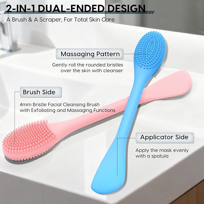 Silicone Facial Cleansing Brush - 2PC Double Ended Exfoliator for Deep Pore Cleaning, Blackhead Removal & Makeup Application - Soft, Hygienic & Waterproof Face Scrubber Massager（Pink + Blue）