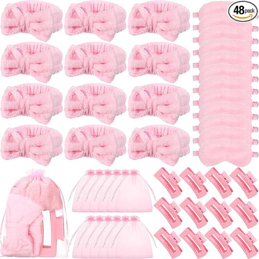 48 Pcs Spa Party Supplies Sleep over Essentials 12 Pink Spa Headband 12 Pink Plush Sleep Eye Mask 12 Claw Clips 12 Organza Bags for Slumber Party Christmas Gift