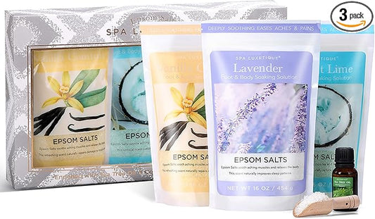Bath Salts for Women, Spa Luxetique Epsom Salts for Soaking, 3pc Bath Salt Gifts Set, Lavender, Vanilla and Coconut Scent with Tea Tree Oil Gifts for Her Birthday Gifts