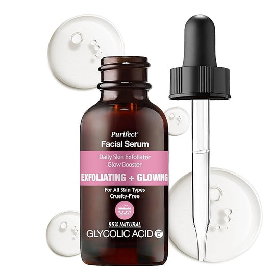 Purifect Glycolic Acid Exfoliating Face Serum – Smooth & Glowing Skin Support with Vitamin E – Made in USA – With Allantoin & Glycine Soja (Soybean) – Visibly Improves Texture, Hydrates & Softens Skin