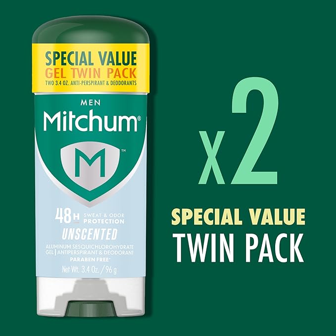 Mitchum Men’s Triple Odor Protection Antiperspirant & Deodorant Gel, Unscented, 48HR Protection, 2 pack