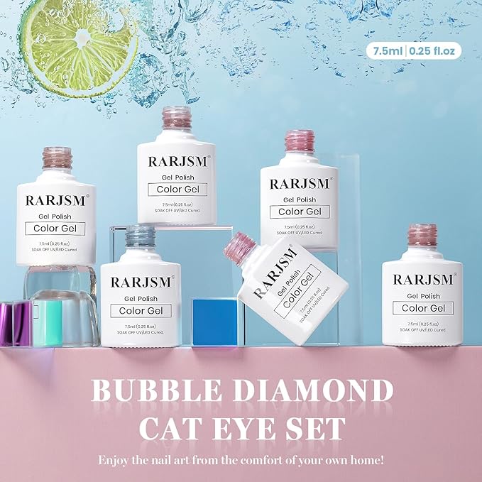 RARJSM Glassy Cat Eye Gel Nail Polish Set 6Pcs Nude Rose Purple Pink Blue Velvet Ice Jelly Silver Shimmer Ceramic Bubble Diamond Cateye Gelpolish with Magnetic Stick Curing Require Home Salon