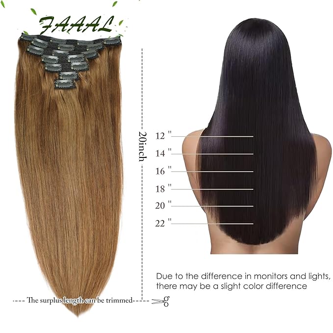18" Clip in Human Hair Extensions Full Head 150g 7 Pieces 16 Clips 8# Light Brown Double Weft Brazilian Real Remy Hair Extensions Thick Straight Silky (18" 150g, Light Brown)