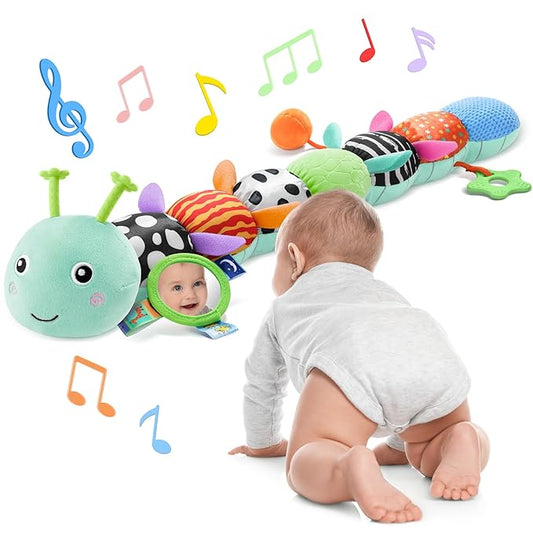 Baby Toys 6-12 Months Music Caterpillar Infant Toys Stuffed Animals 0-3-6 Months Teething Tummy Time Sensory Toys with Mirror Rattle&Pull String for Boys Girls Birthday Gifts|Tiffany Blue,Leafy