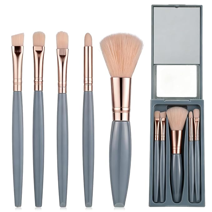 5 Pcs Mini Makeup Brushes, Travel Makeup Brush Set, Professional Cosmetic Brush with Case and Mirror, Portable Travel Size Make up-Brush, Complete Function Cosmetic Brushes Kit for Women (Blue)