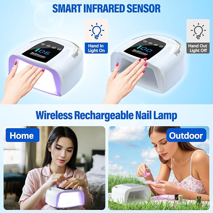 UV LED Nail Lamp Dryers Cordless 128W Portable Rechargeable UV Light for Gel Nails Polish Kit,Fast Curing Wireless Builder Gel Lamp with Sensor 3 Timer LCD Display 48 LED,Manicure Pedicure Art Tools