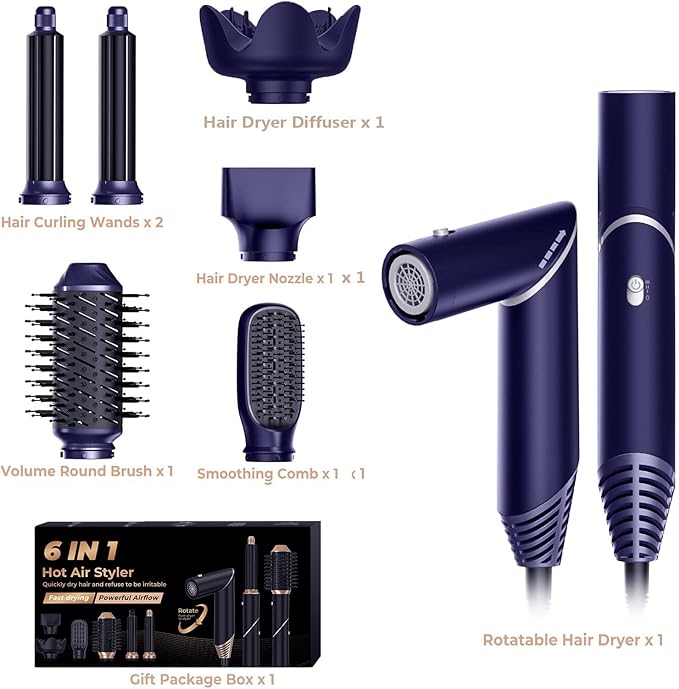 6 in 1 Hair Dryer Brush, Foldable Blow Dryer Brush with Air Styler Curler Wrap, Detachable Hot Air Brush Dry,Volumize, Straight,Curl, Negative Ion Brush Blow Dryer with Diffuser, Hair Styler Tools