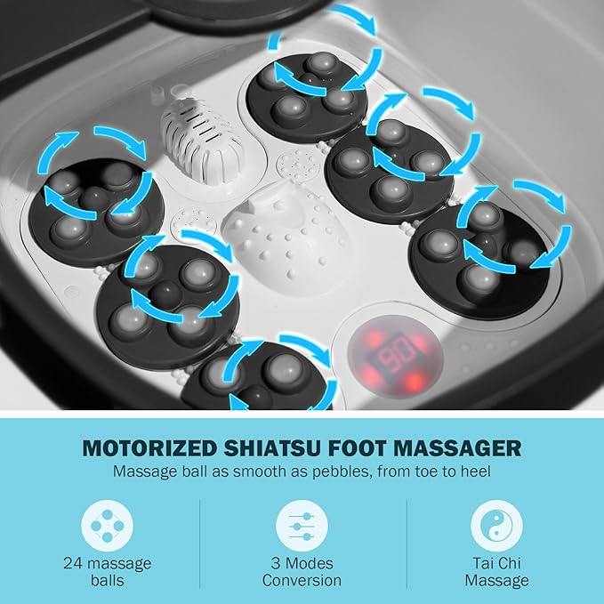 KNQZE Collapsible Foot Spa Electric Foot Bath with Heat, Bubble, Remote, 24 Motorized Shiatsu Massage Balls. Pedicure Soaking tub for Feet Stress Relax (Black)