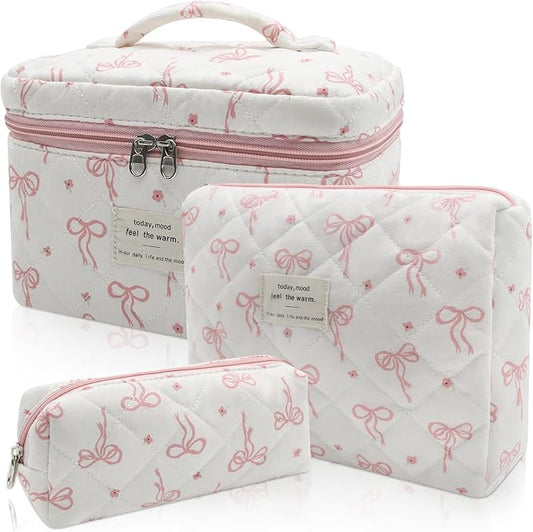 Quilted Makeup Bag Set, 3pc Large Floral Cosmetic Bag for Women, Cute Cotton Makeup Bags, Flower Travel Toiletry Organizer Bag (White Pink Small Bow)