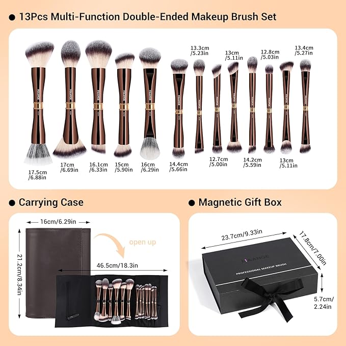 MAANGE Makeup Brush Set with Case Double-ended Makeup Brushes for Foundation Contour Liquid Powder Concealer Eye Shadows Cream Cosmetics Blending Blush Makeup Tools (Coffee Brown, 13 PCS)