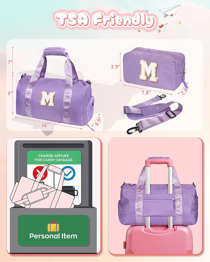 4 Year Old Girl Birthday Gifts-Girl Gym Bag with Shoe Compartment, Kid Personalized Weekender Overnight Bags, Initial Travel Tote with Makeup Pouch, Valentines Day Gift for Girls (Letter R)