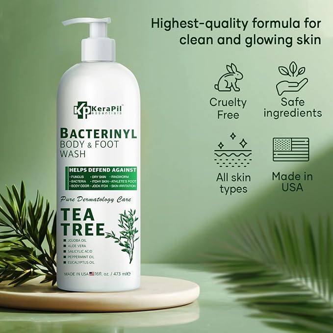 Bacterinyl Tea Tree Oil Body Wash - Antibacterial & Antifungal Support for Ringworm, Body Odors, Athlete’s Foot & Acne, Helps Soothe Itchy, Dry Skin - Made in USA (16 fl oz x 2)