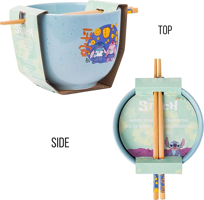 Silver Buffalo Lilo and Stitch Angel Holding Hands Couple Floating Lantern Ceramic Ramen Noodle Rice Bowl with Chopsticks, Microwave Safe, 20 Ounces
