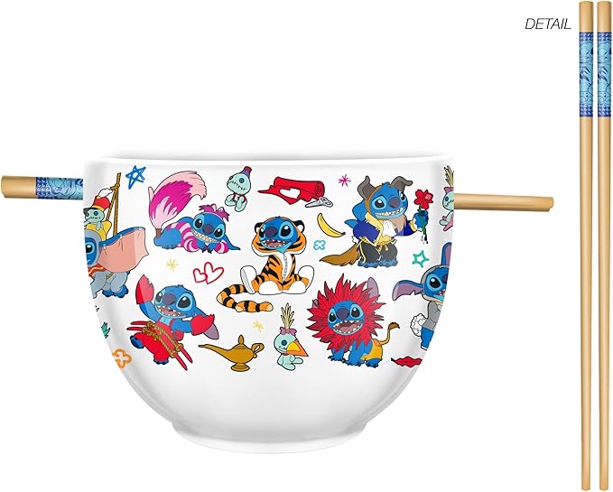 Silver Buffalo Disney Lilo and Stitch Featuring Stitch and Scrump in Disney Character Costumes Ceramic Ramen Noodle Rice Bowl with Chopsticks, Microwave Safe, 20 Ounces
