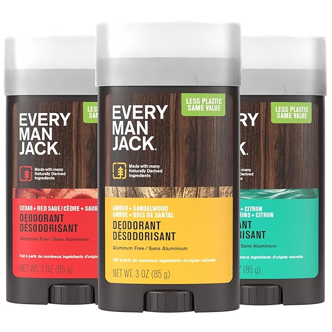 Every Man Jack Men's Deodorant Variety Set - Three Full-Sized Deodorant Sticks with Clean Ingredients & Incredible Scents - Cedar + Red Sage, Amber + Sandalwood, Sea Mineral + Citron - 3 oz - 3 Pack