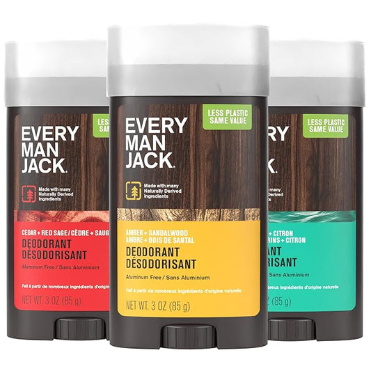 Every Man Jack Men's Deodorant Variety Set - Three Full-Sized Deodorant Sticks with Clean Ingredients & Incredible Scents - Cedar + Red Sage, Amber + Sandalwood, Sea Mineral + Citron - 3 oz - 3 Pack