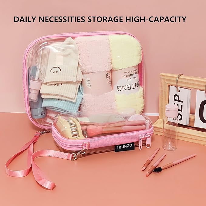 3 PCS Clear Hard Shell Zipper Case With Handle Strap，Clear Plastic Waterproof Cosmetic Makeup Bags Toiletry Pouches for Travel With Double Zipper，Kid's Toy Storage Organizer Bins Box